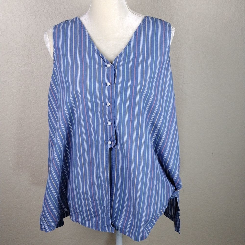 Sarah Bentley Vintage Striped Pearl Button Pleated Back Sleeveless Top - Picture 1 of 15